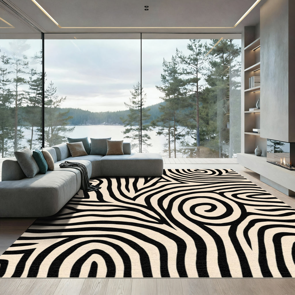 Bold Black Zebra Stripe Swirls Rug