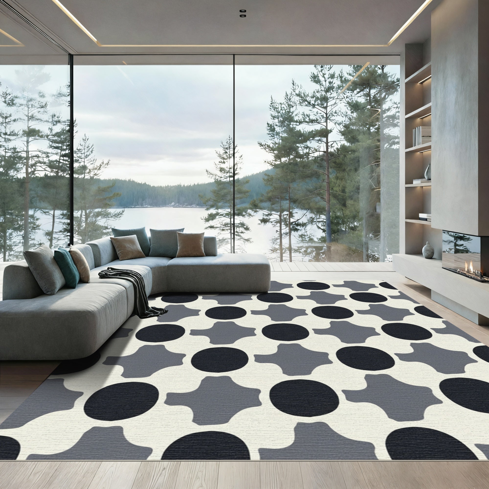 Monochrome Abstract Circles and Crosses Rug