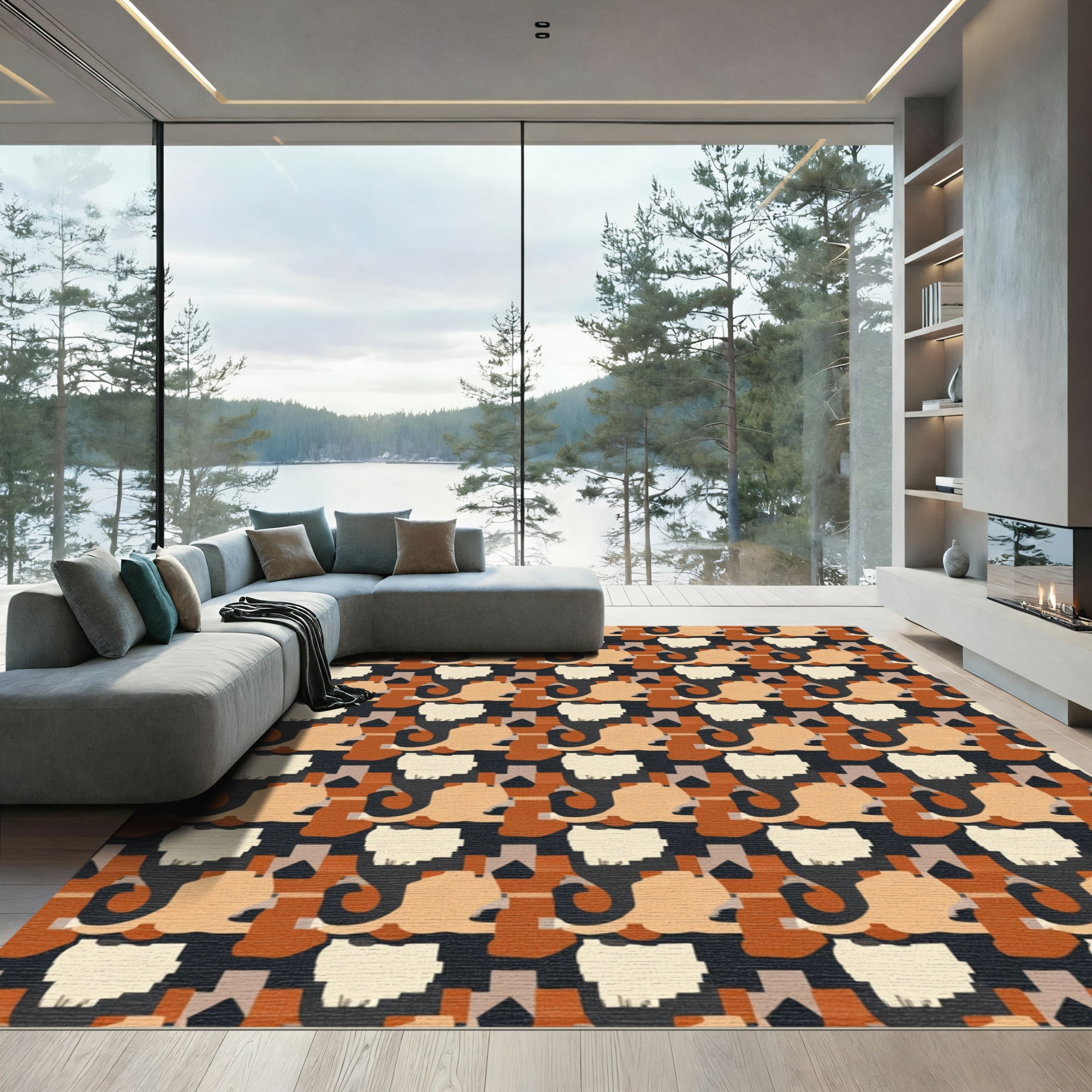 Warm Earth Tones Abstract Scroll Rug