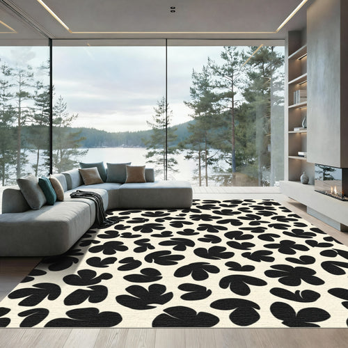 Black Abstract Organic Shapes Cream Rug