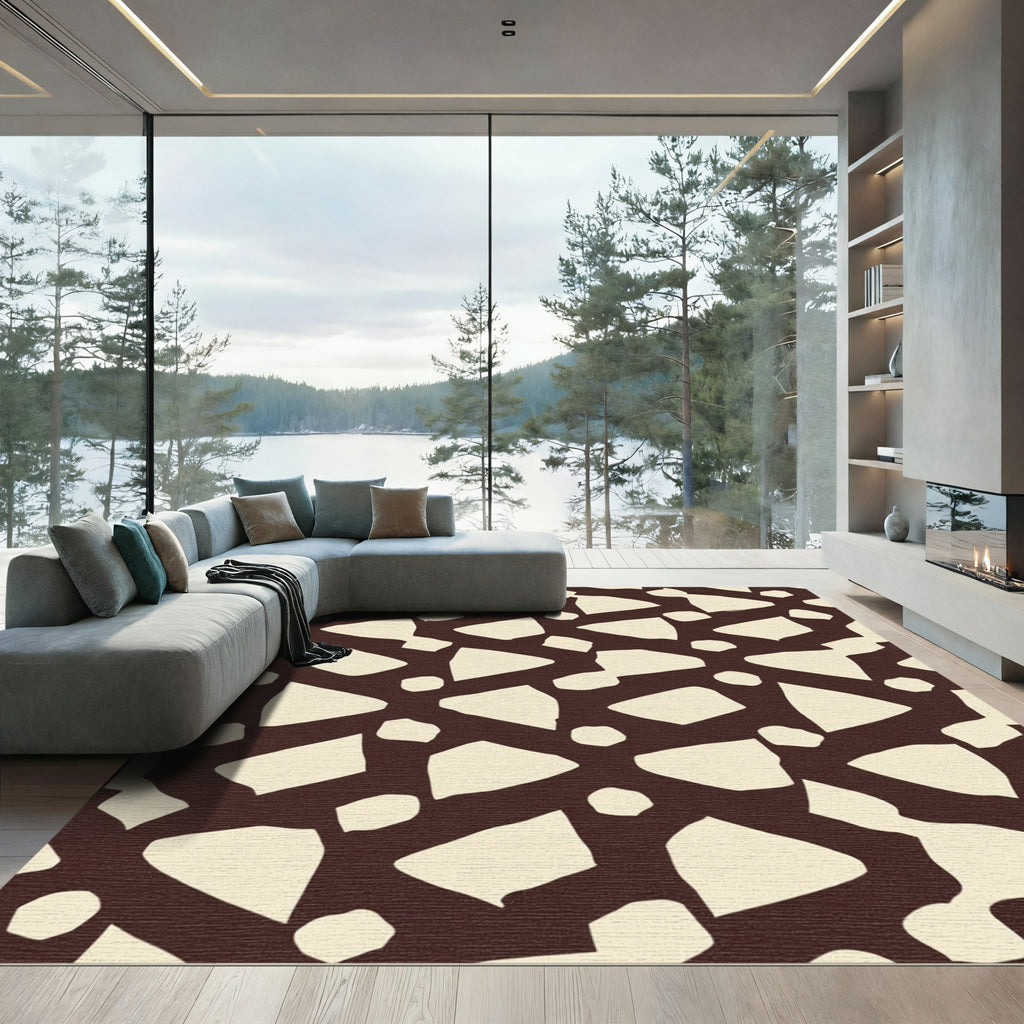 Chic Cream Shapes Dark Brown Background Rug