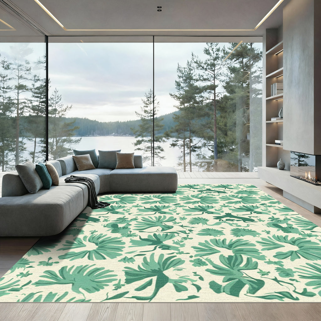 Teal Silhouette Floral Botanical Repeat Rug