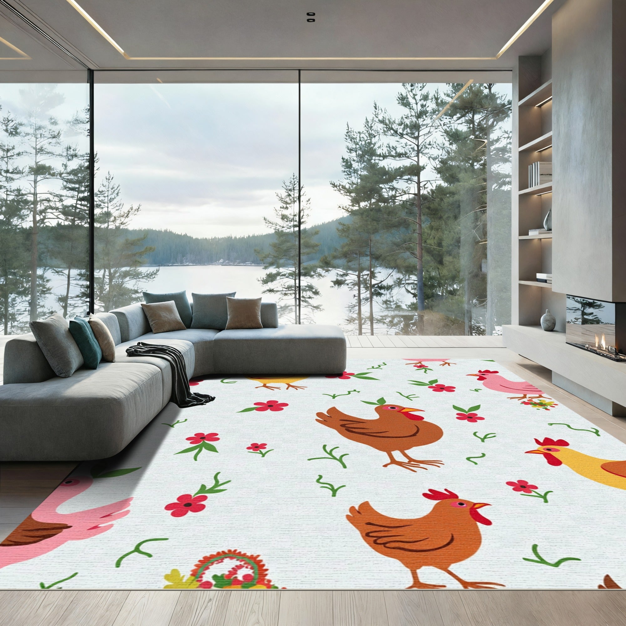 Playful Chickens Red Flowers Garden Background Rug