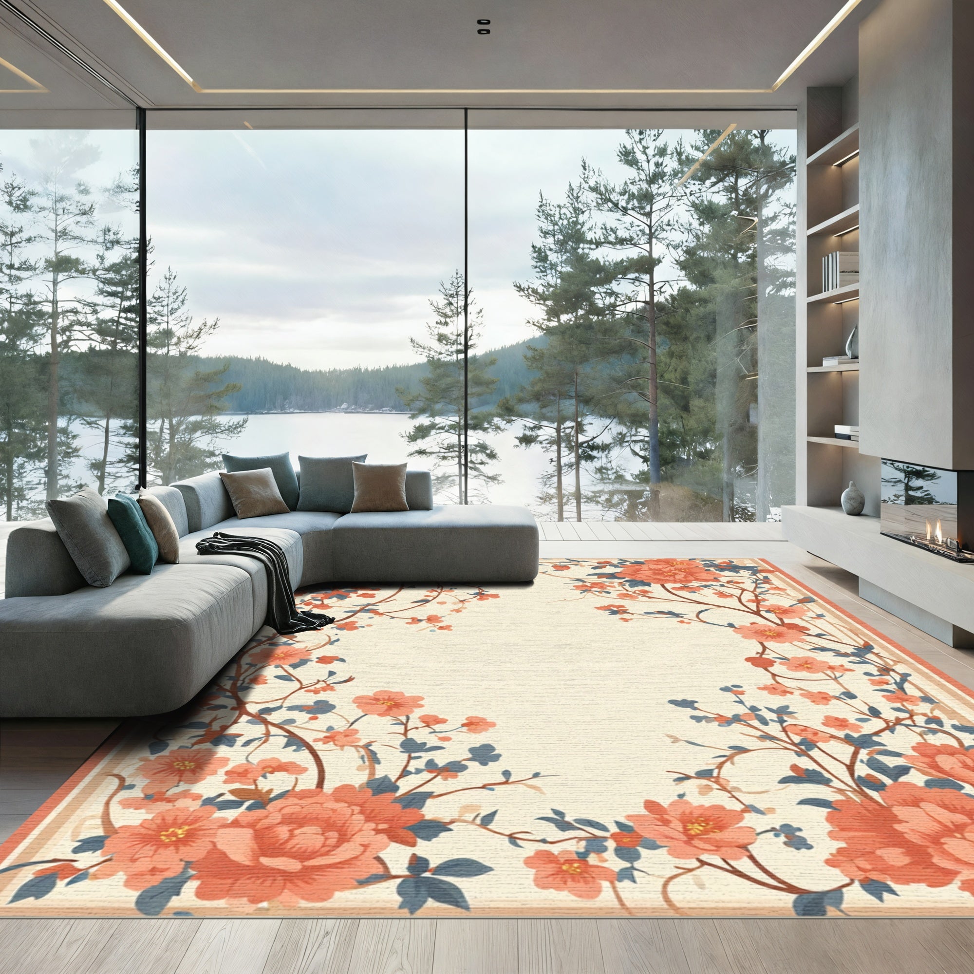 Coral Peony Garden Floral Vines Rug