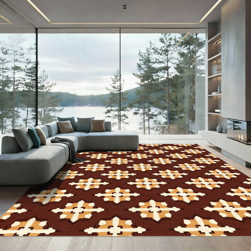Brown Orange White Starburst Medallion Rug