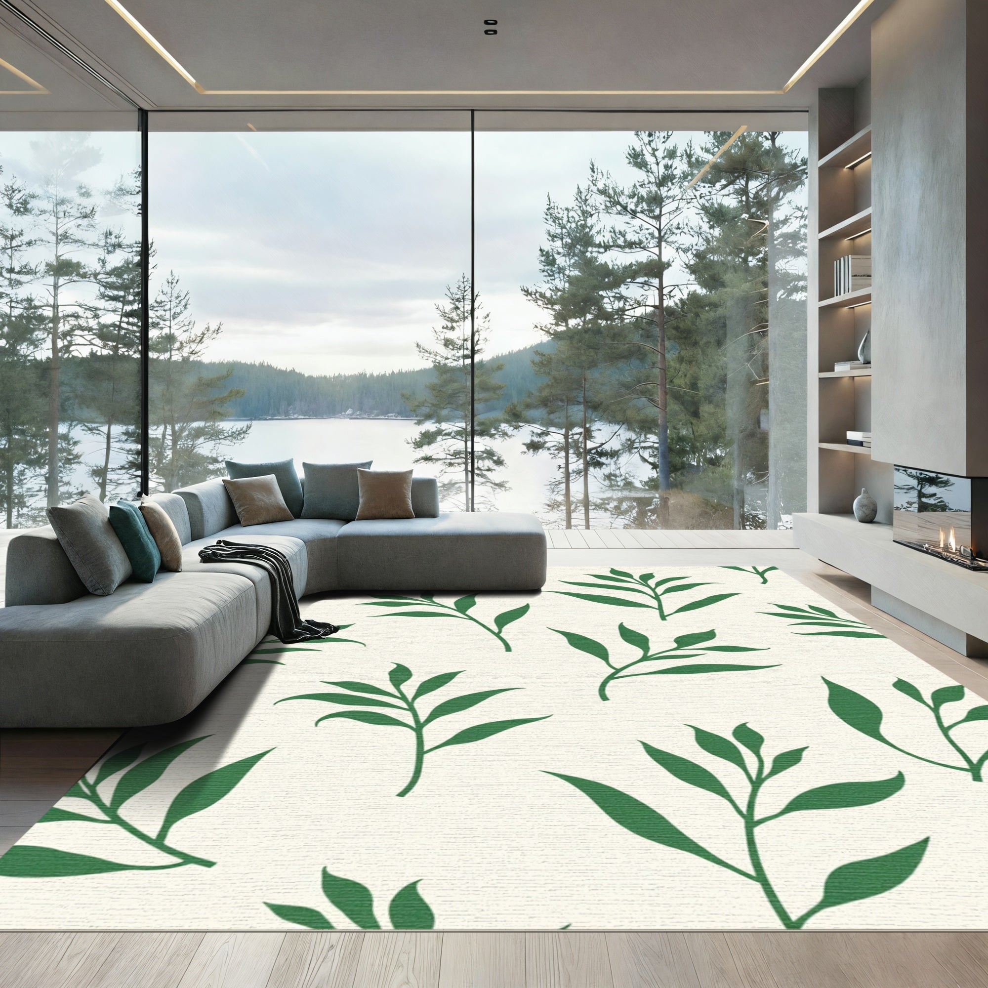 Green Leafy Branches Cream Background Rug
