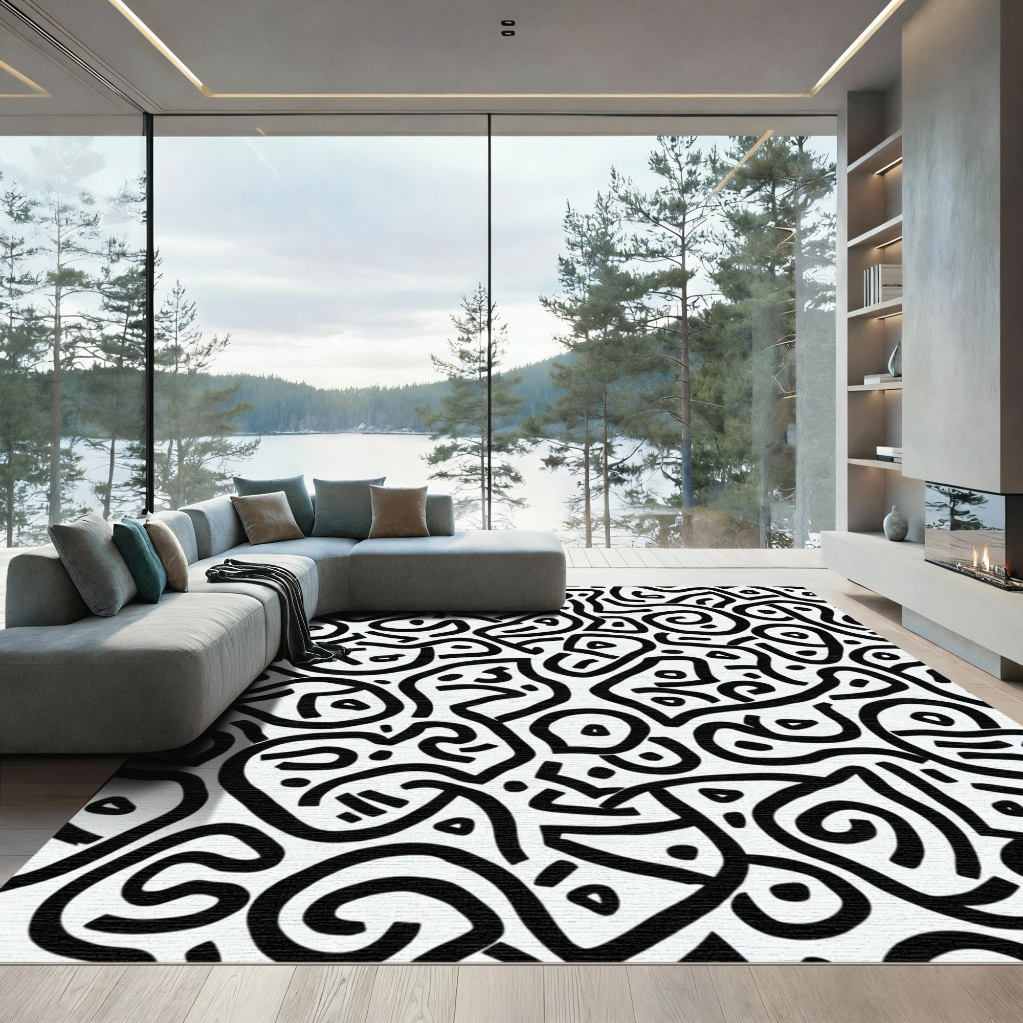 Black White Abstract Organic Lines Rug