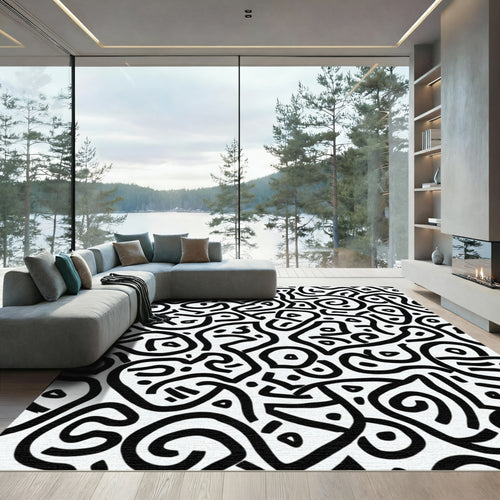 Black White Abstract Organic Lines Rug