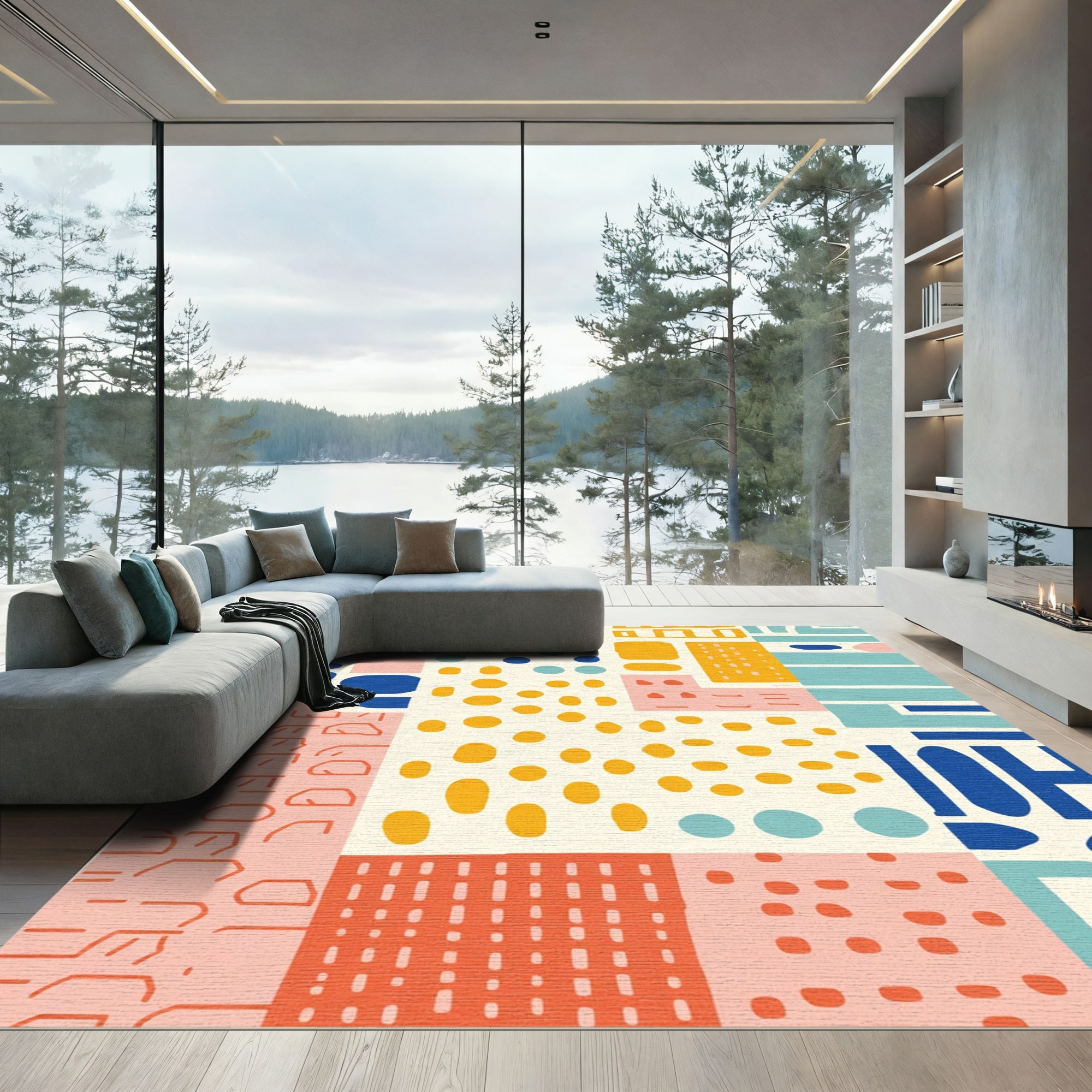 Modern Abstract Buildings Yellow Blue Pink Rug