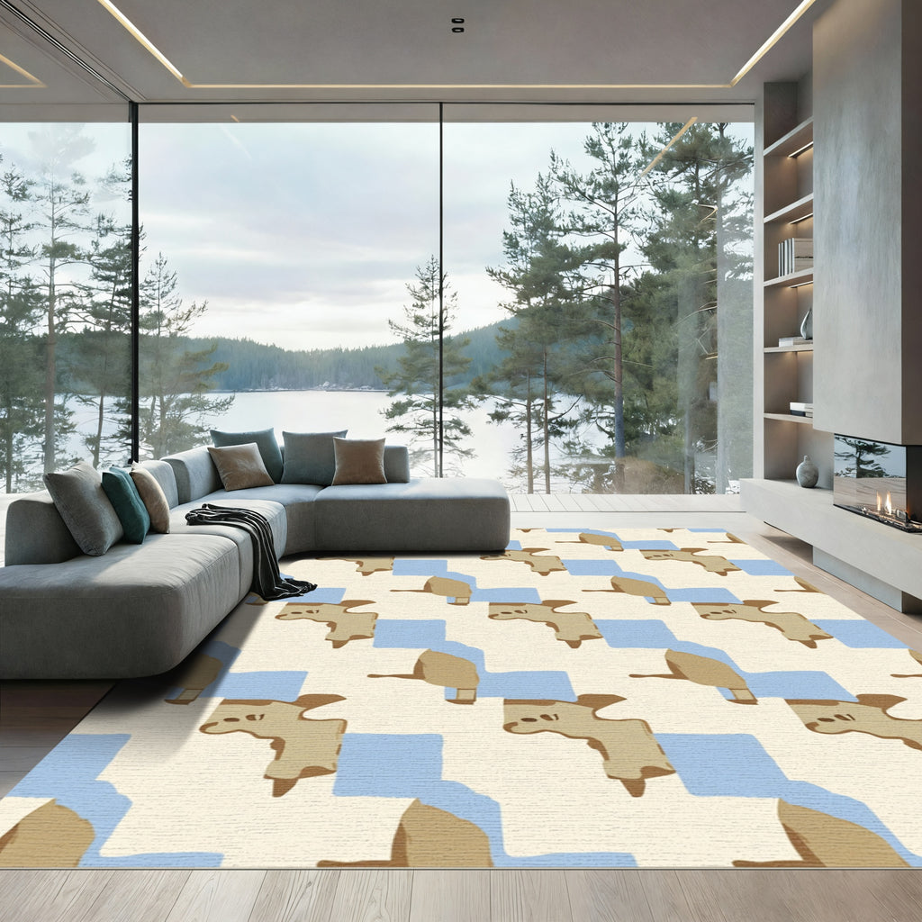 Cream Tan Blue Abstract Blocks Rug