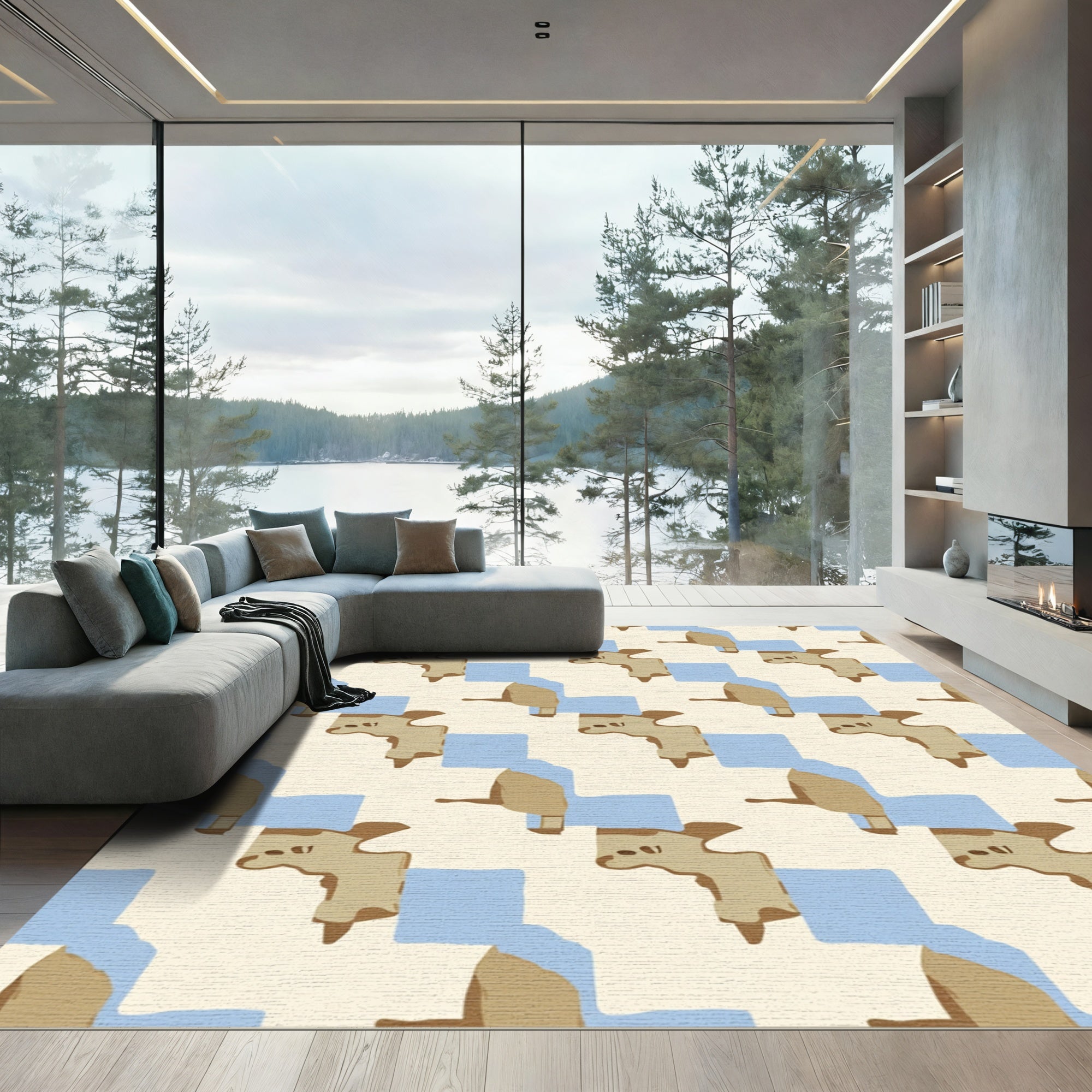 Cream Tan Blue Abstract Blocks Rug
