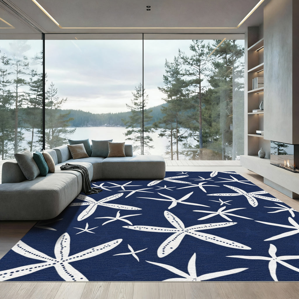 White Starfish Navy Blue Seascape Rug