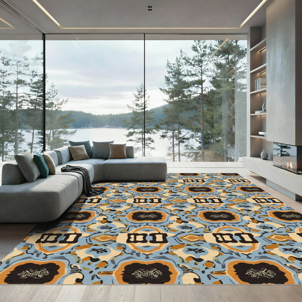 Ornate Blue Black Amber Medallion Rug