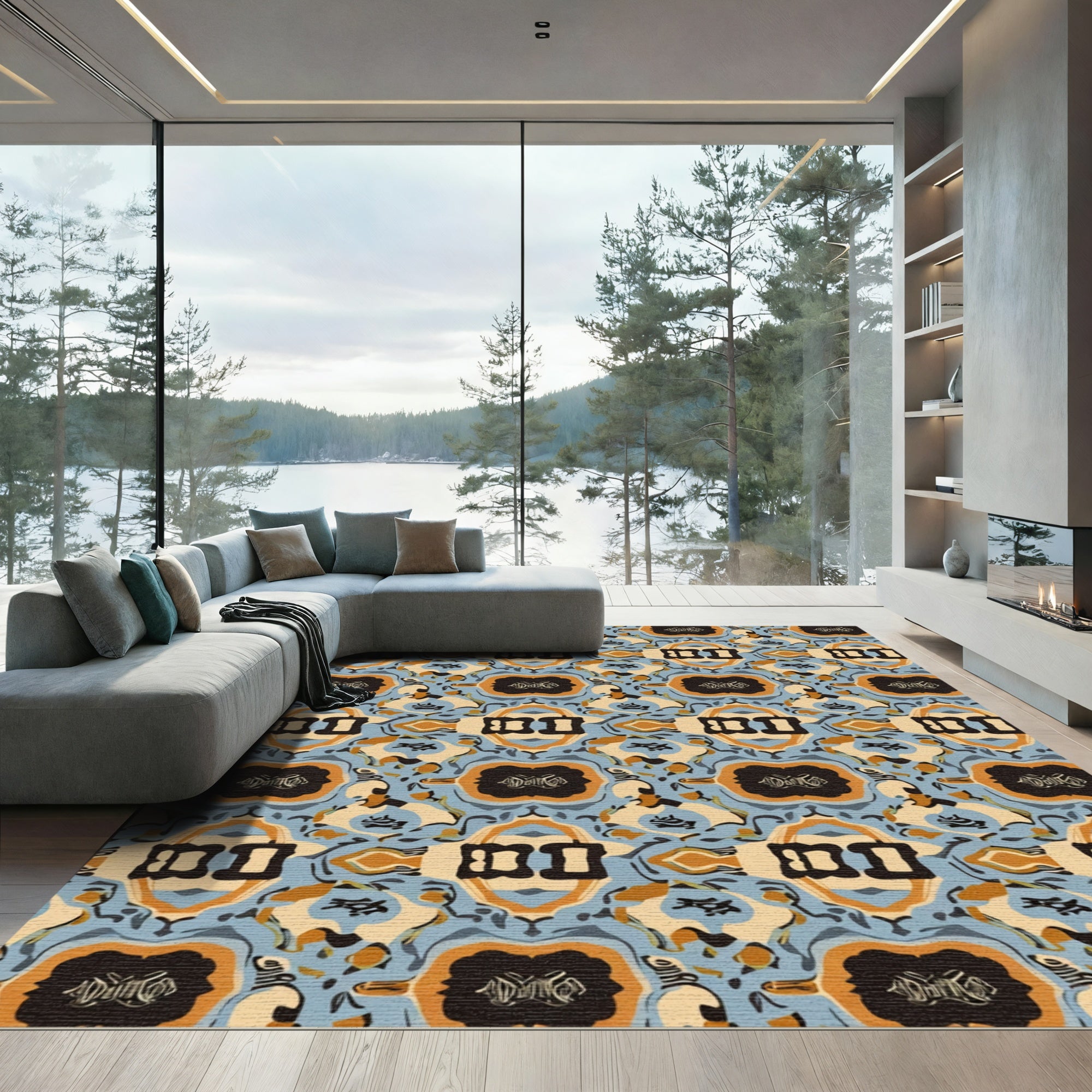 Ornate Blue Black Amber Medallion Rug