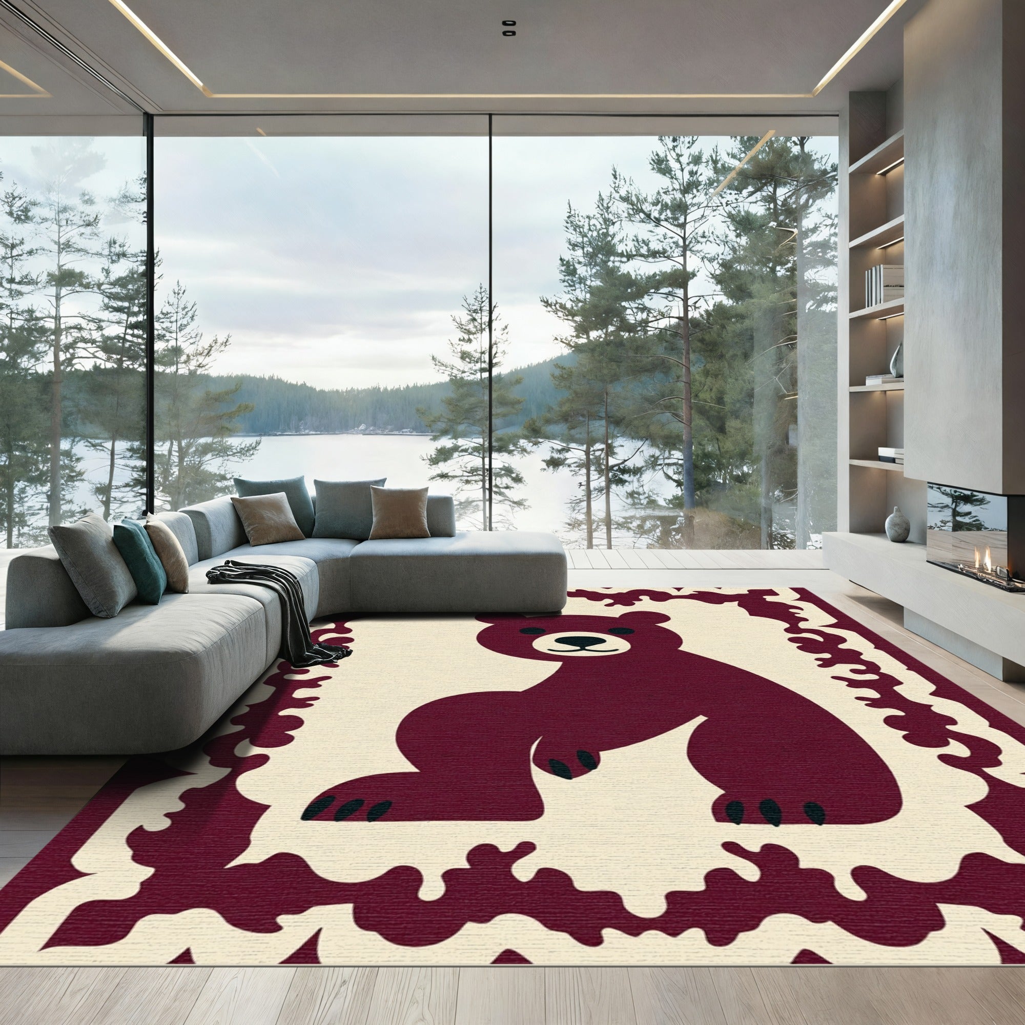 Crimson Bear Whimsical Folk Art Rug