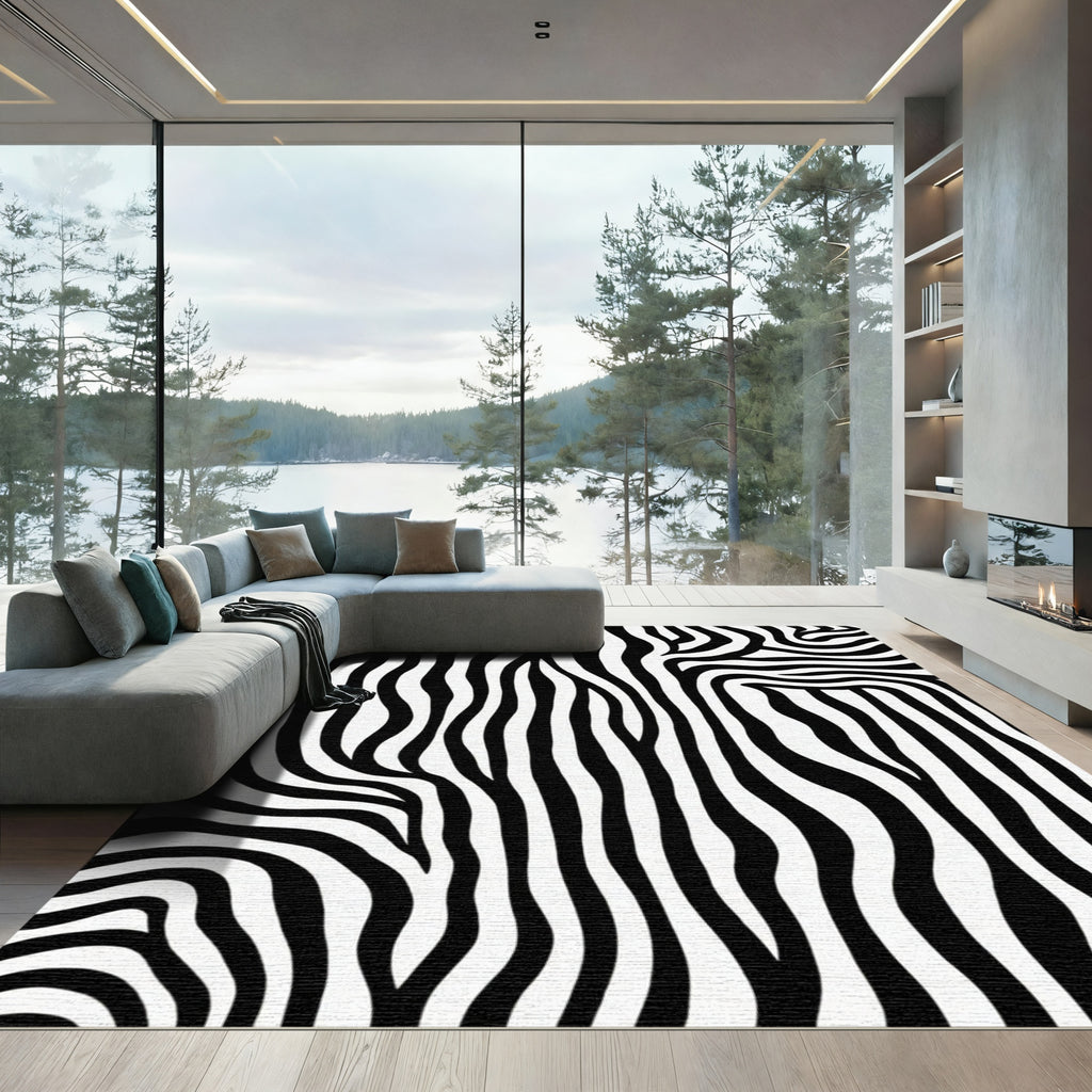 Bold Black White Wavy Lines Rug