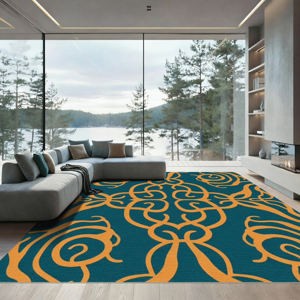 Ornate Teal Orange Interlocking Swirls Rug