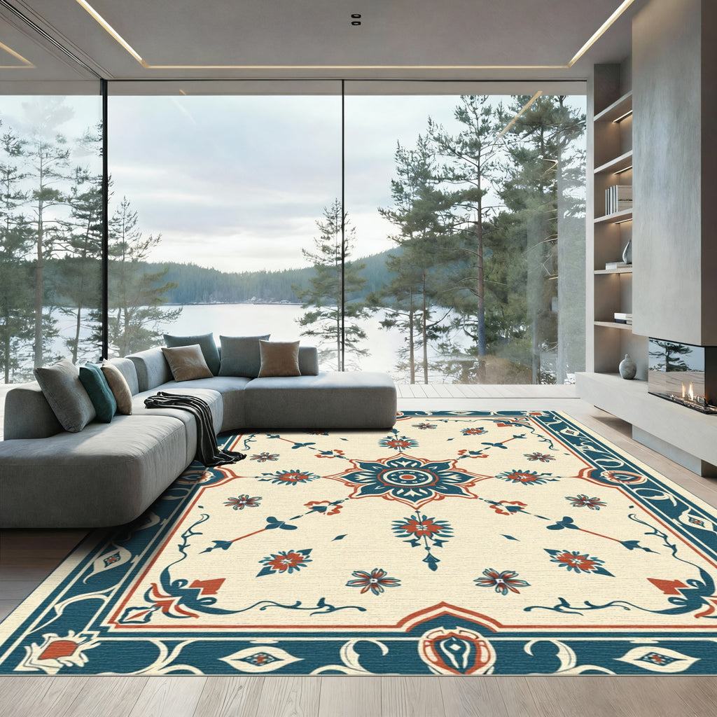 Cream Red Teal Floral Medallion Symmetrical Rug