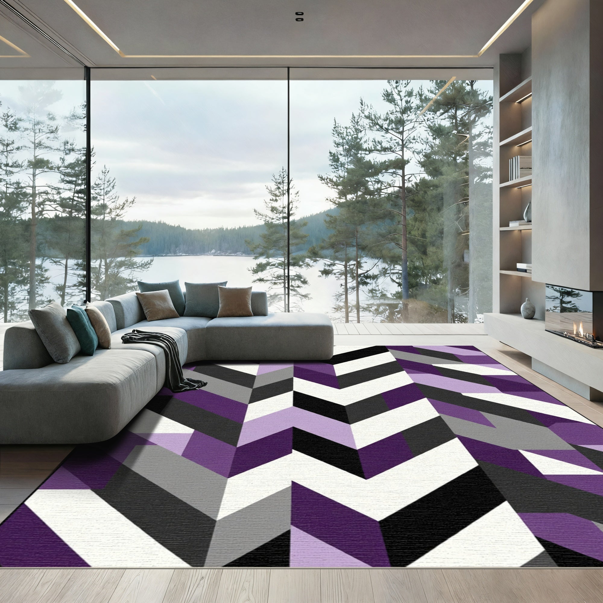Modern Purple Geometric Chevron Blocks Rug