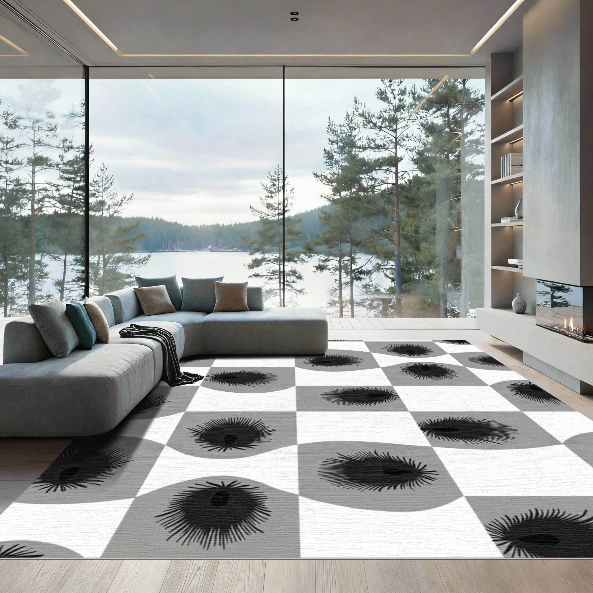 Gray Black Checkerboard Feather Motif Rug