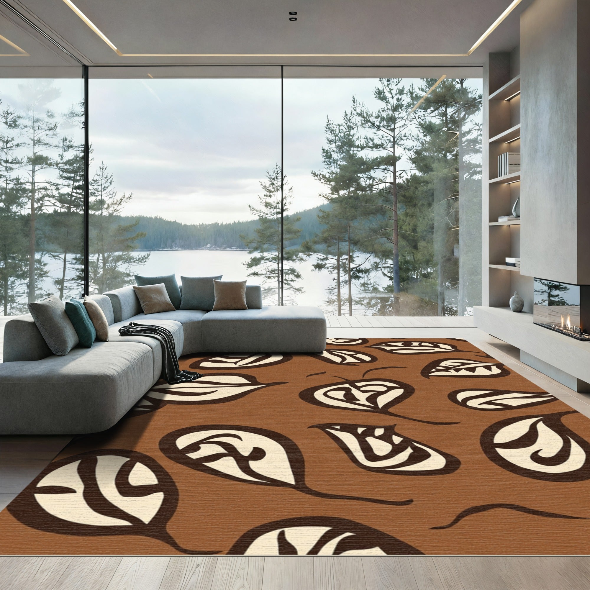 Chocolate Brown Cream Abstract Leaf Swirl Rug