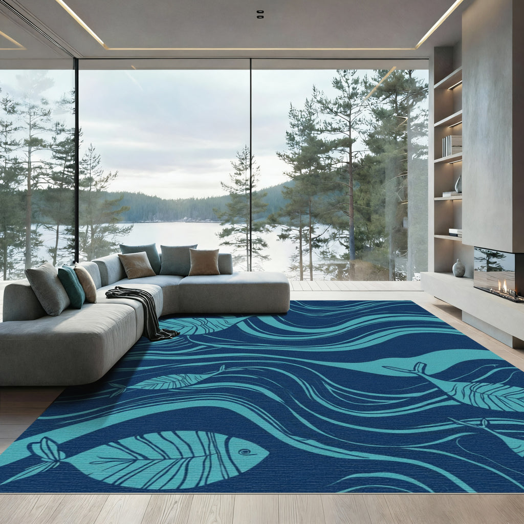 Deep Blue Ocean Fish Waves Rug