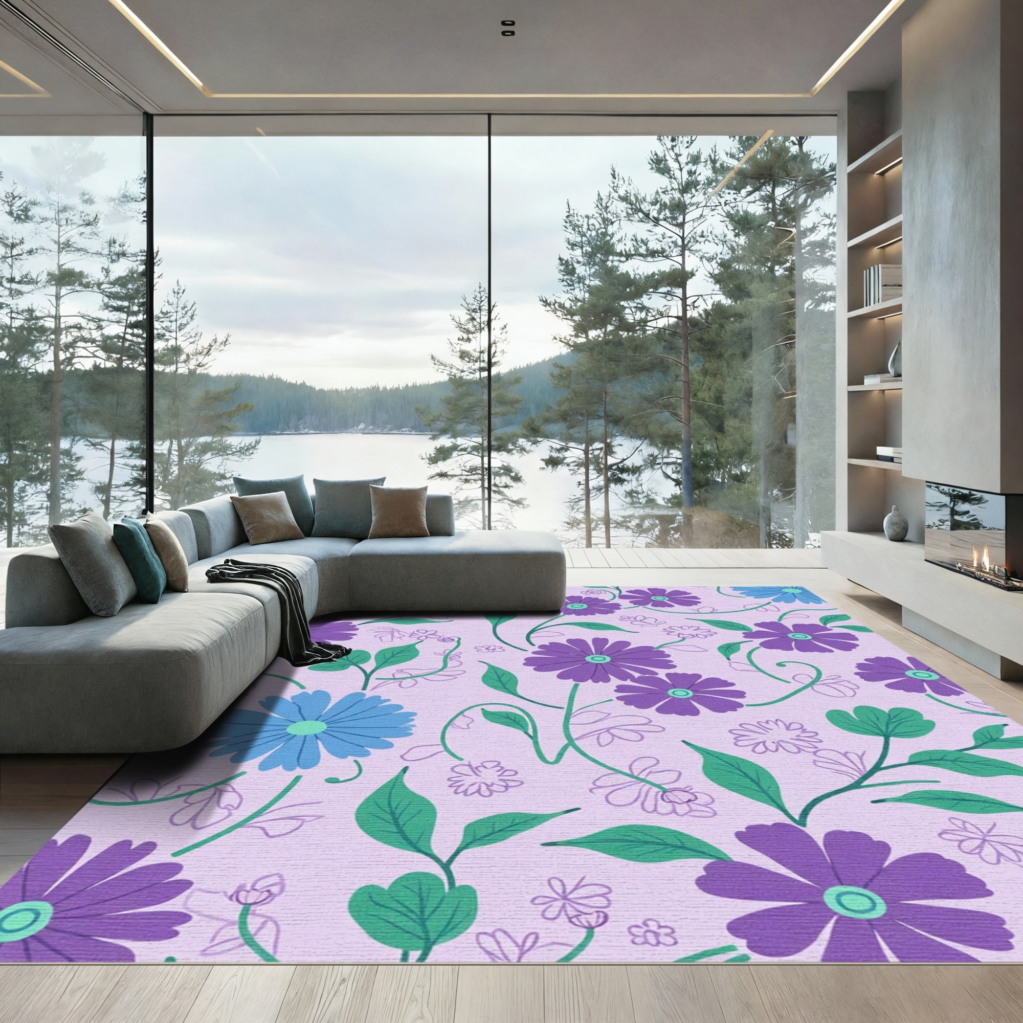 Lavender Purple Blue Floral Whimsy Rug