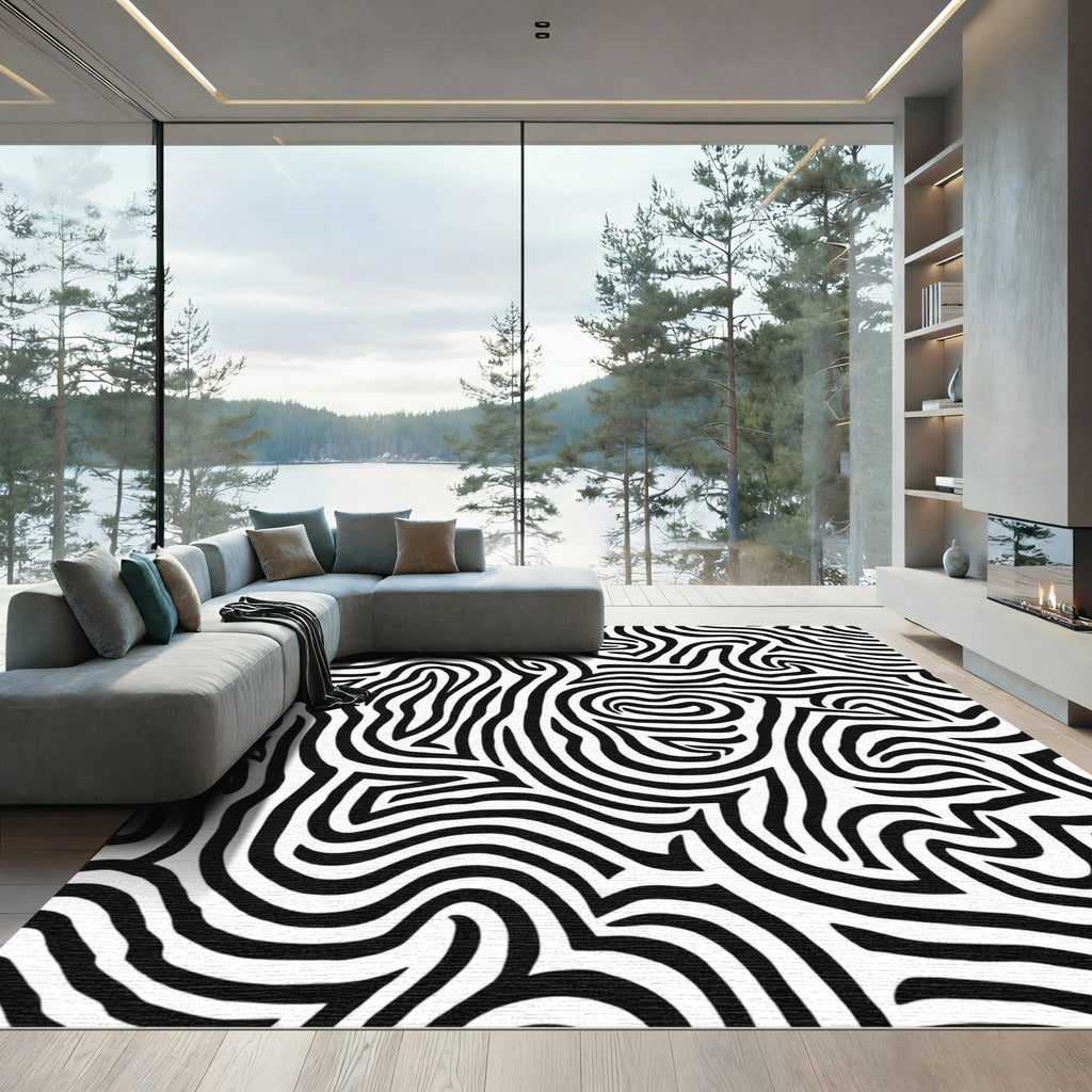 Bold Black White Organic Maze Rug
