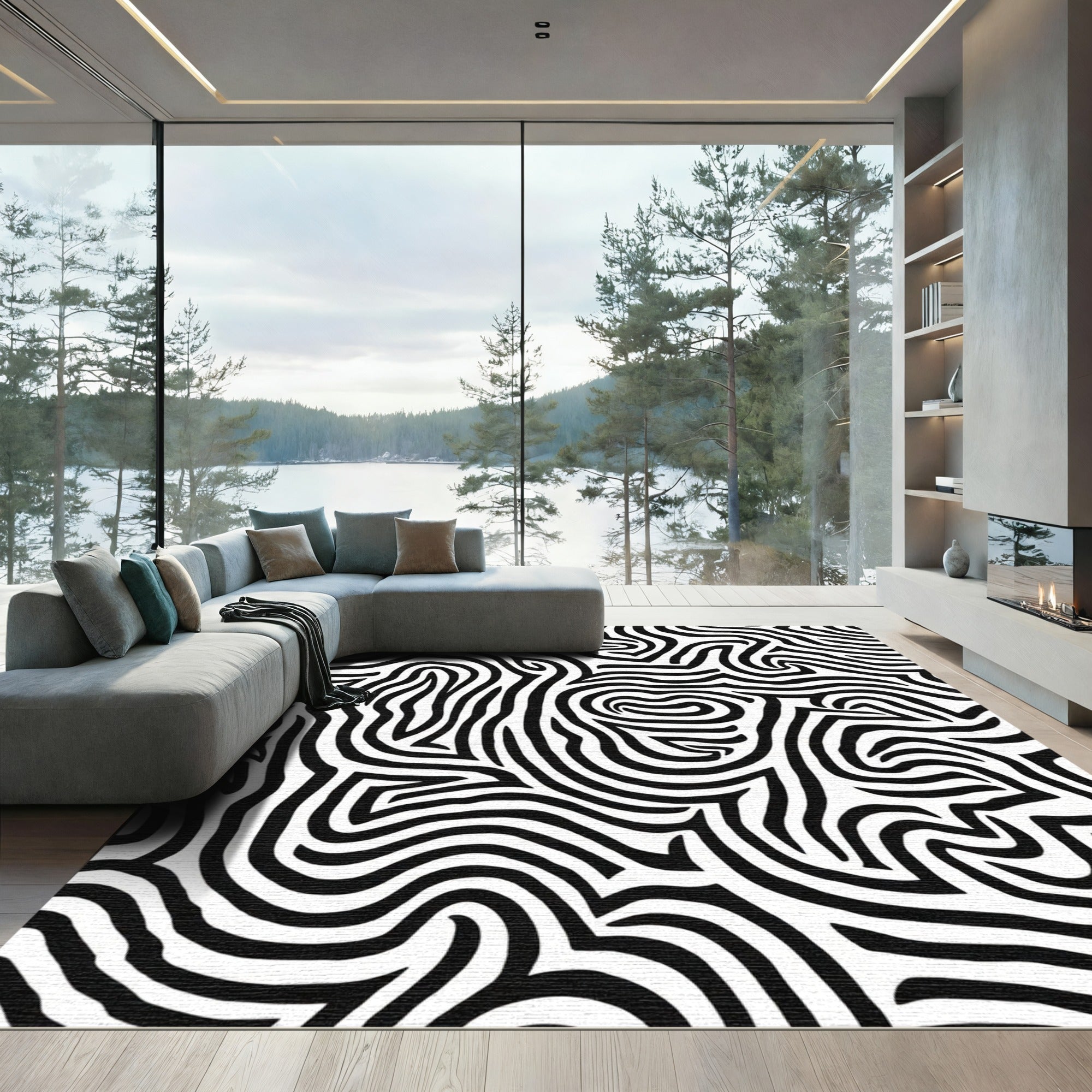 Bold Black White Organic Maze Rug