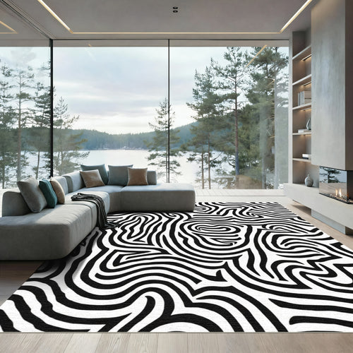 Bold Black White Organic Maze Rug