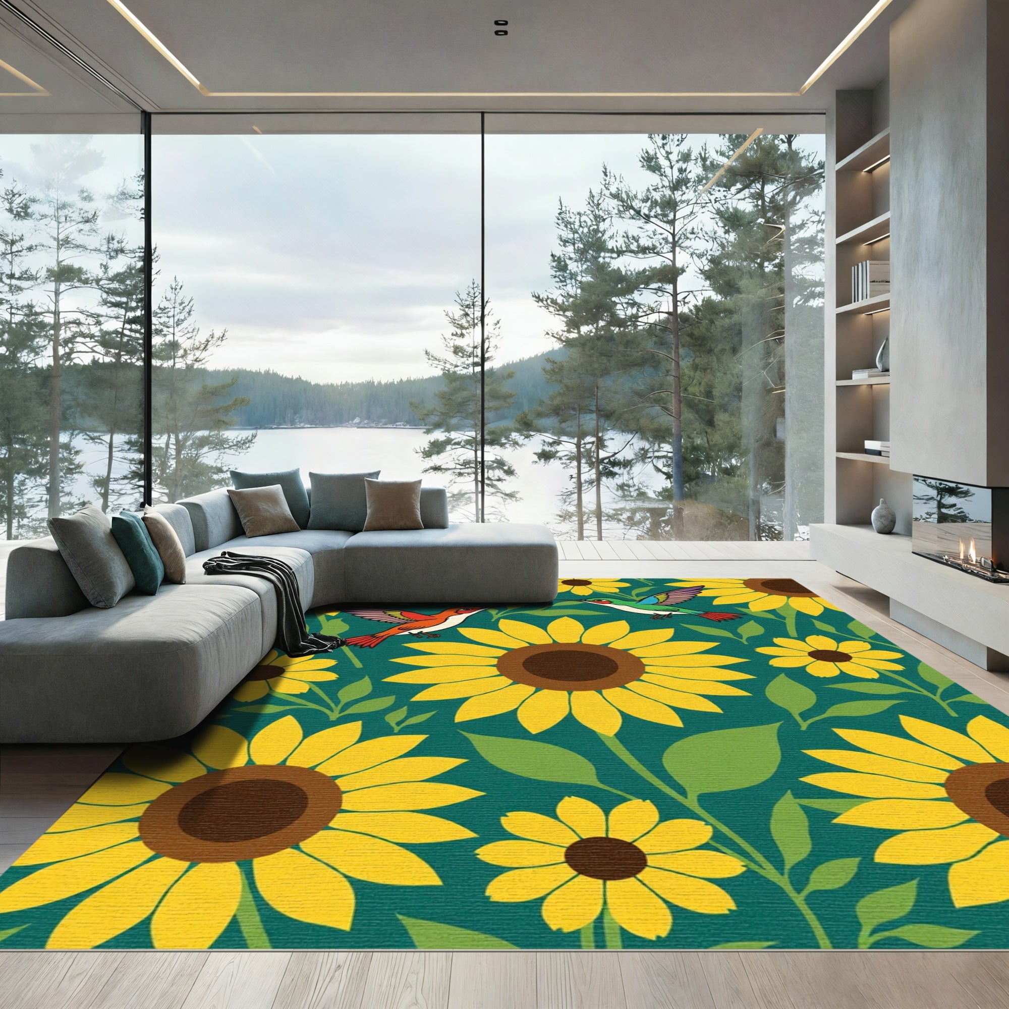 Whimsical Hummingbirds Yellow Sunflowers Teal Rug