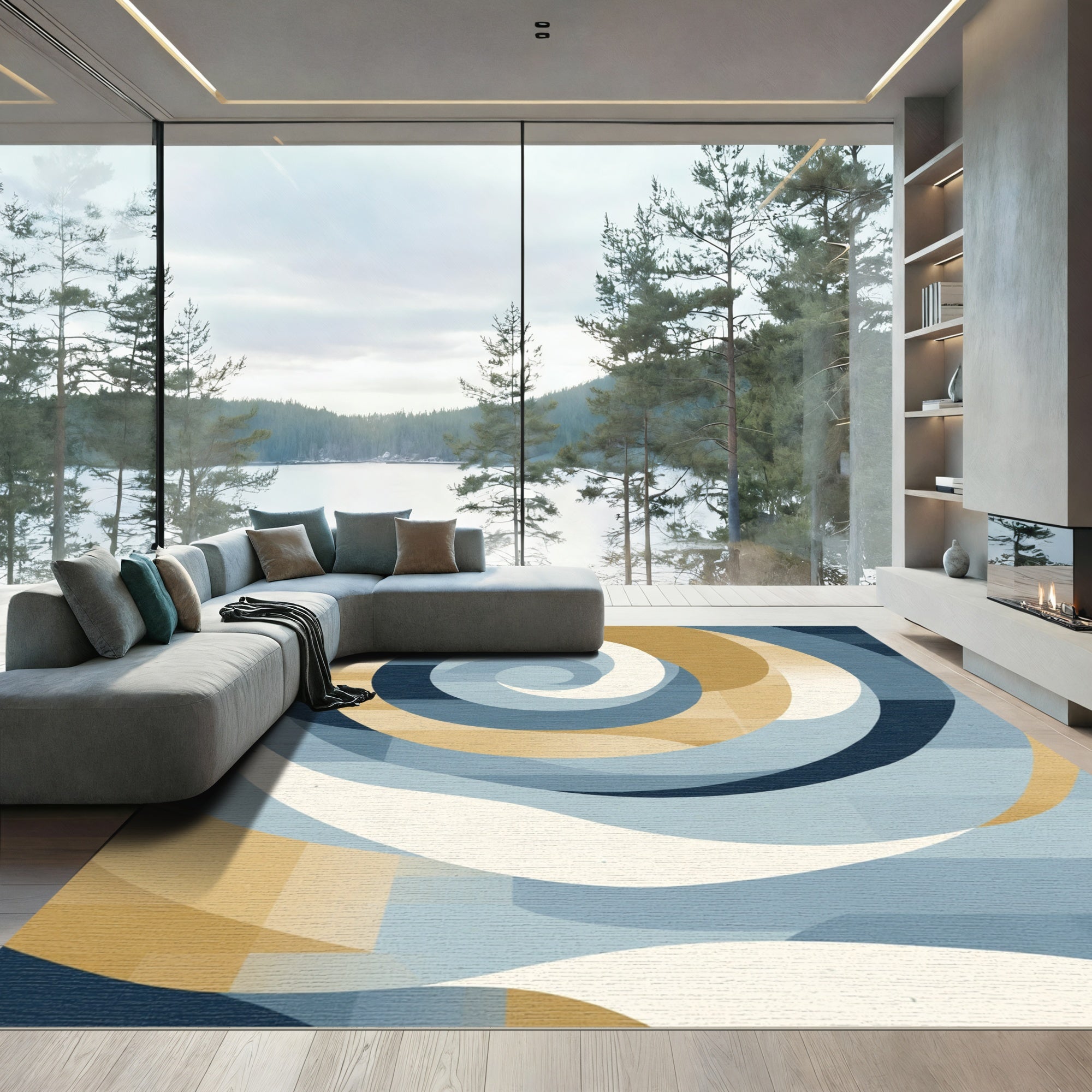 Abstract Blue Gold Swirl Rug