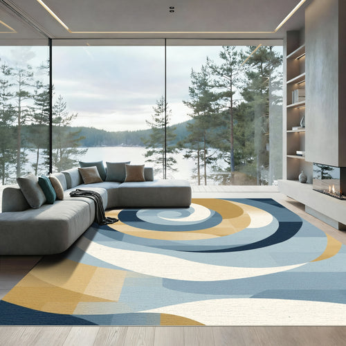 Abstract Blue Gold Swirl Rug