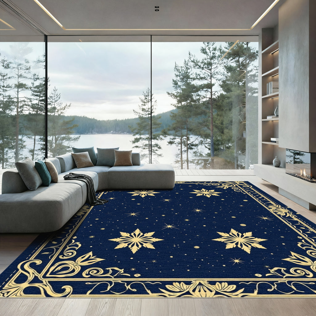 Midnight Blue Gold Starburst Medallions Rug