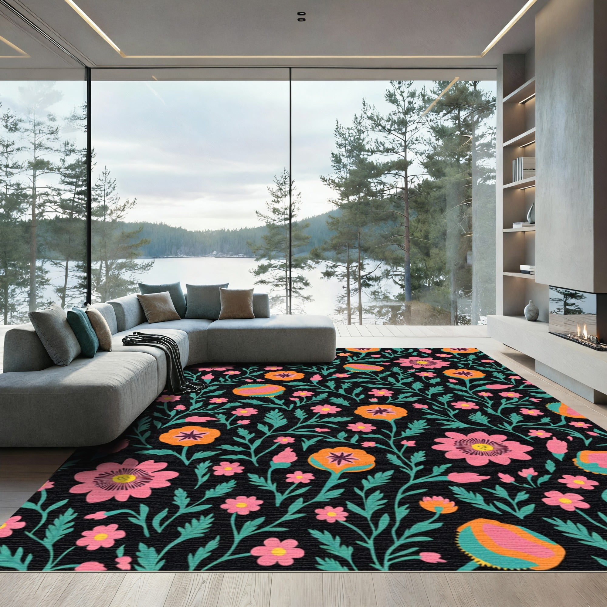 Teal Pink Orange Floral Garden Rug