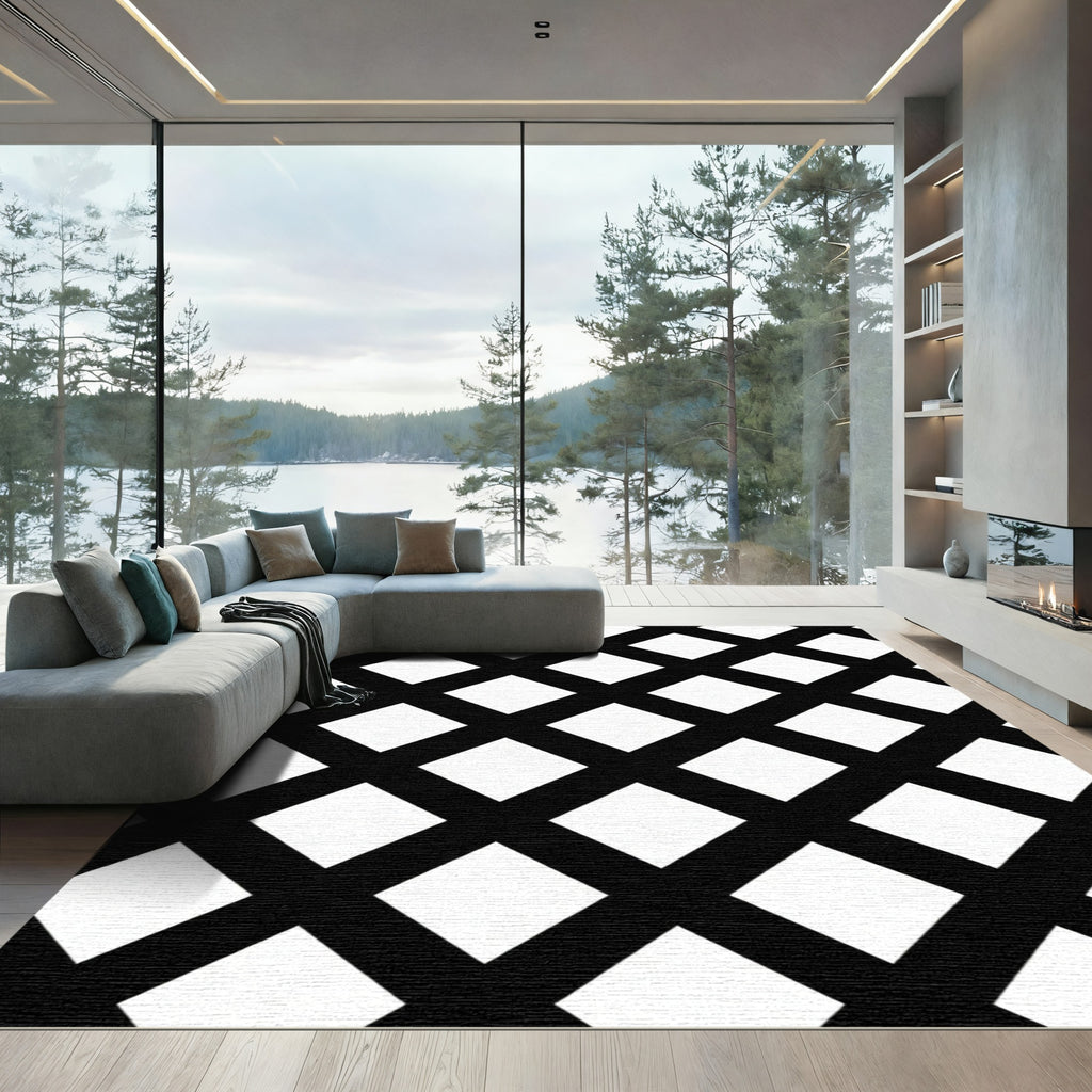 Black White Intersecting Diamond Grid Rug