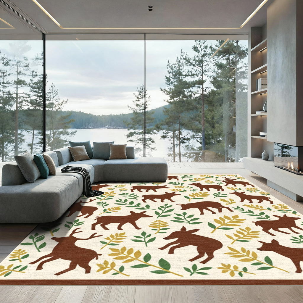 Brown Deer Woodland Leaves Rug
