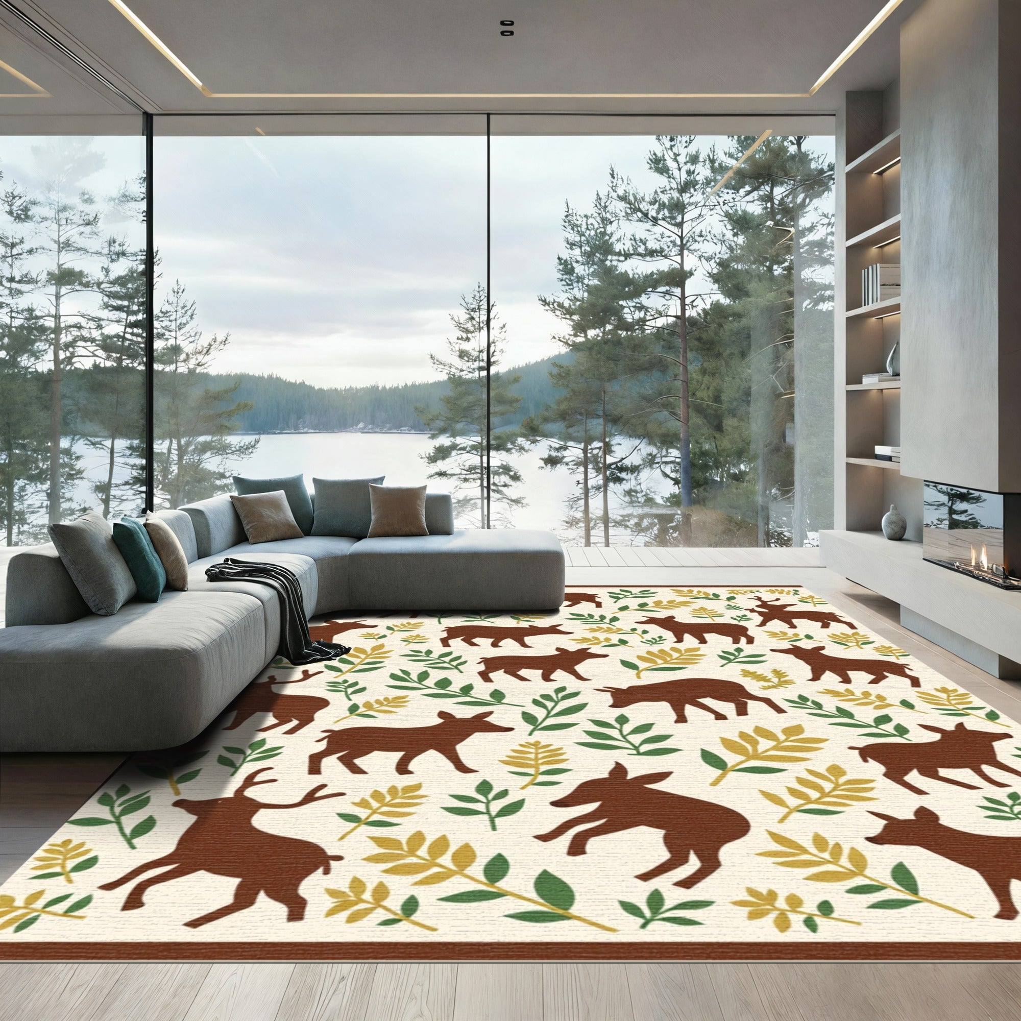 Brown Deer Woodland Leaves Rug