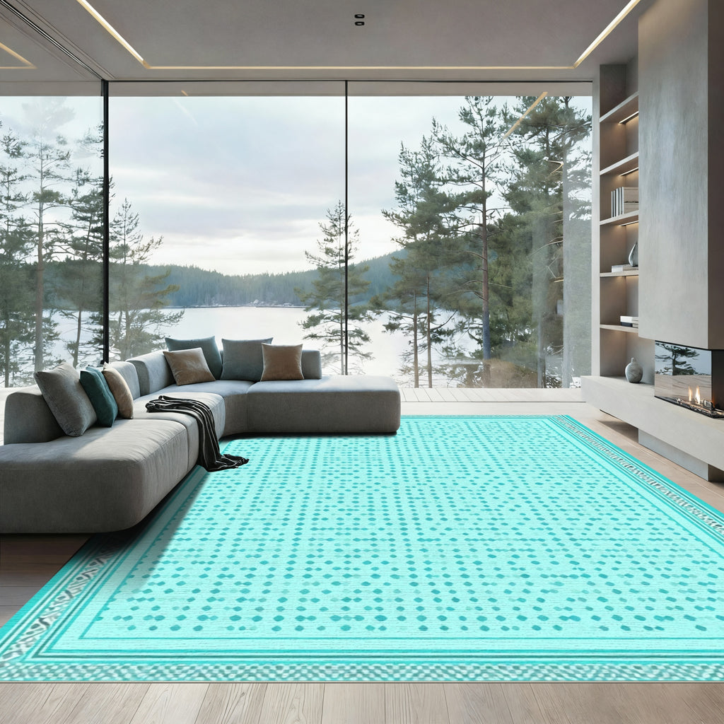 Aqua Diamond Lattice Border Rug