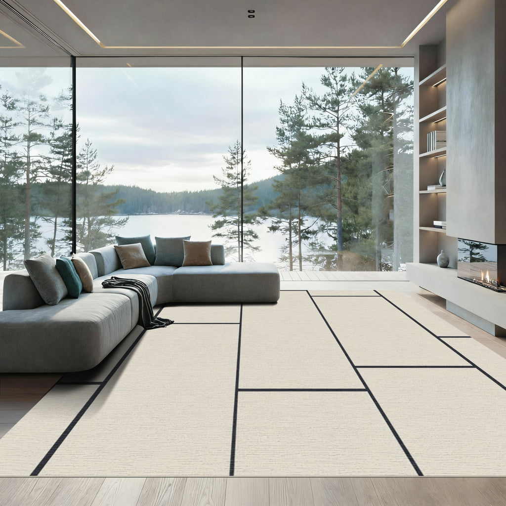 Cream Minimalist Rectangular Grid Rug