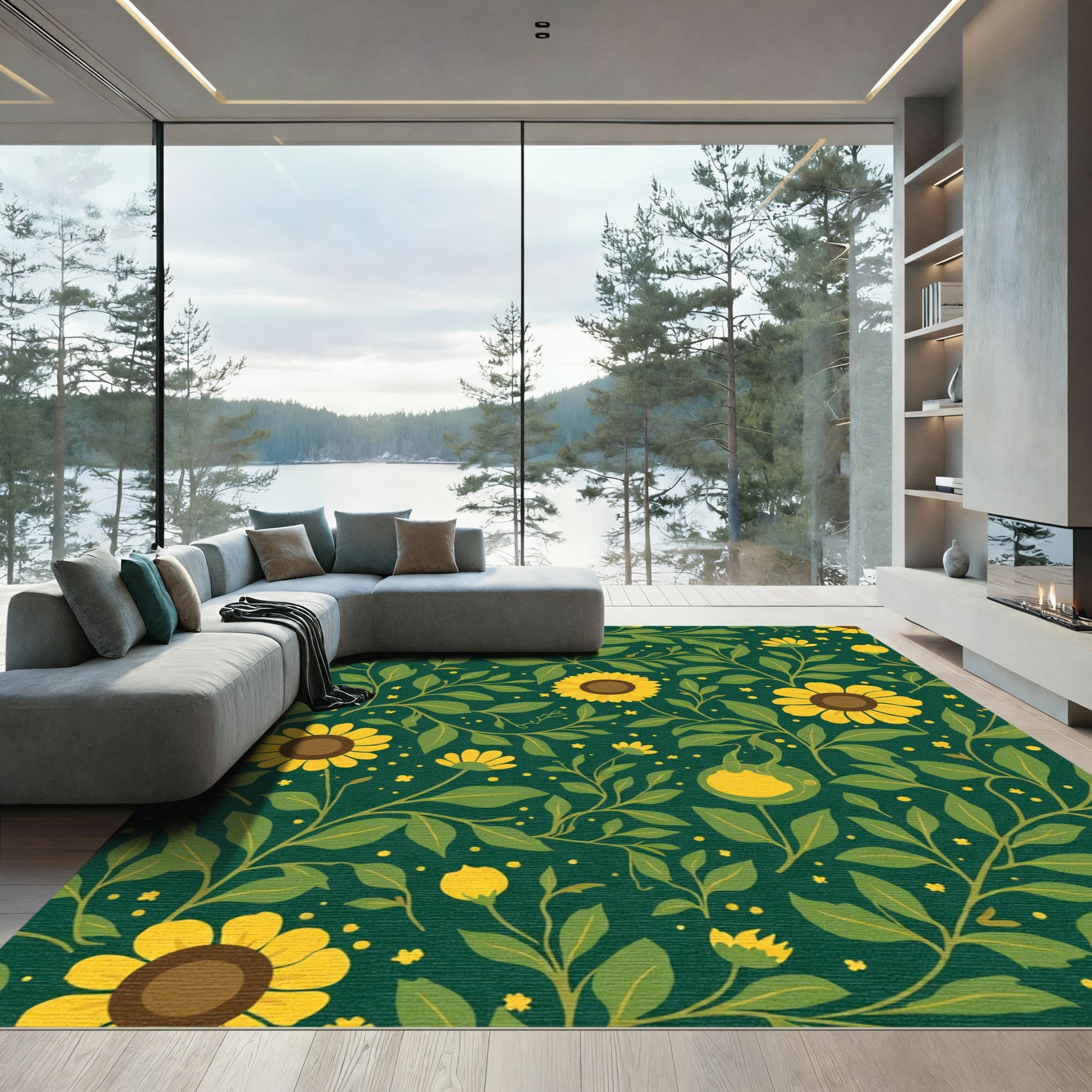 Emerald Green Sunflower Garden Rug
