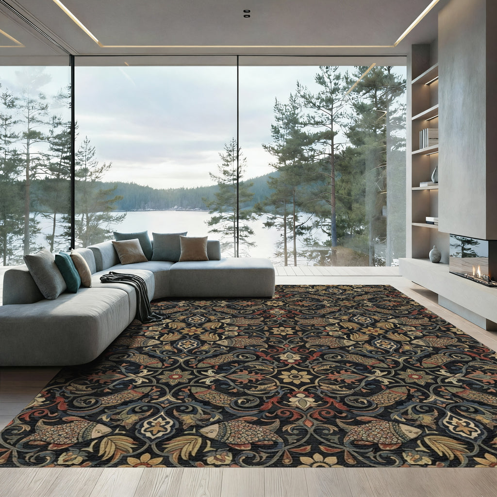Dark Floral Fish Medallion Rug