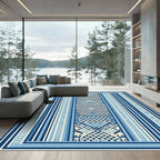 Geometric Blue Striped Central Medallion Rug