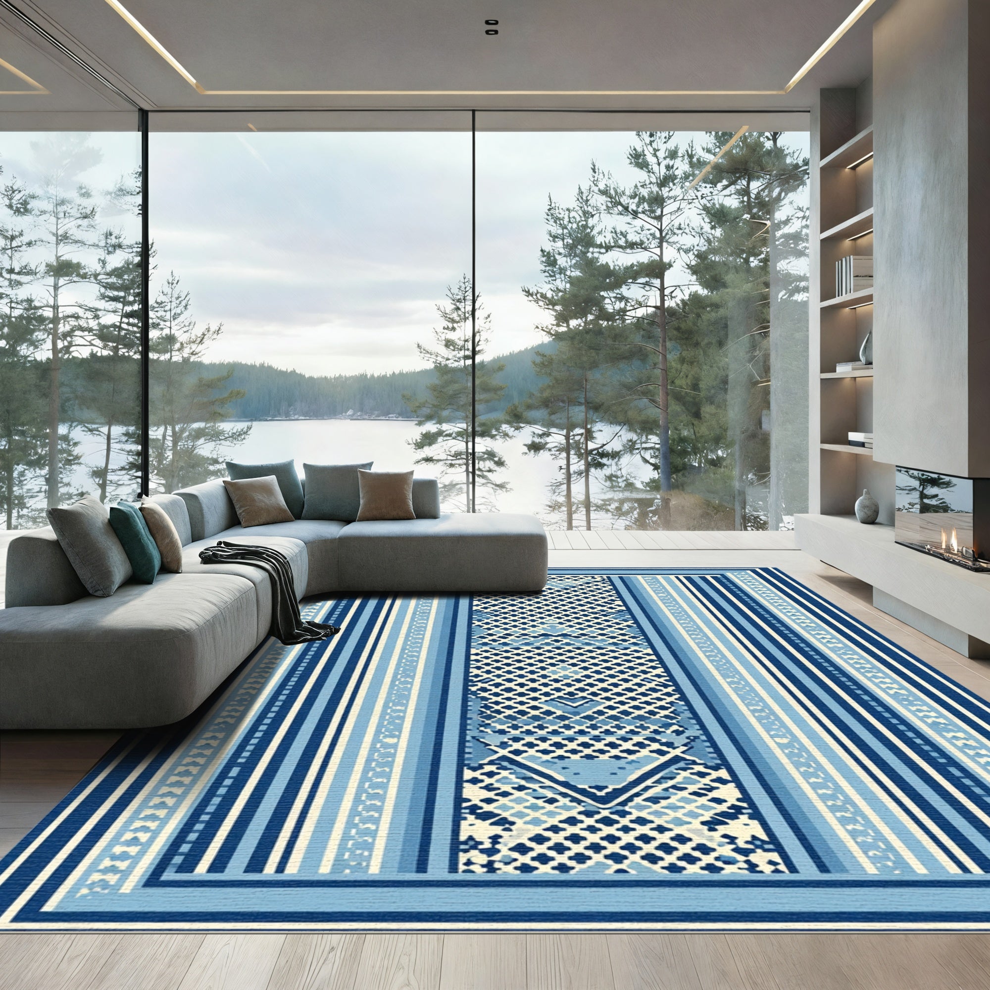 Geometric Blue Striped Central Medallion Rug
