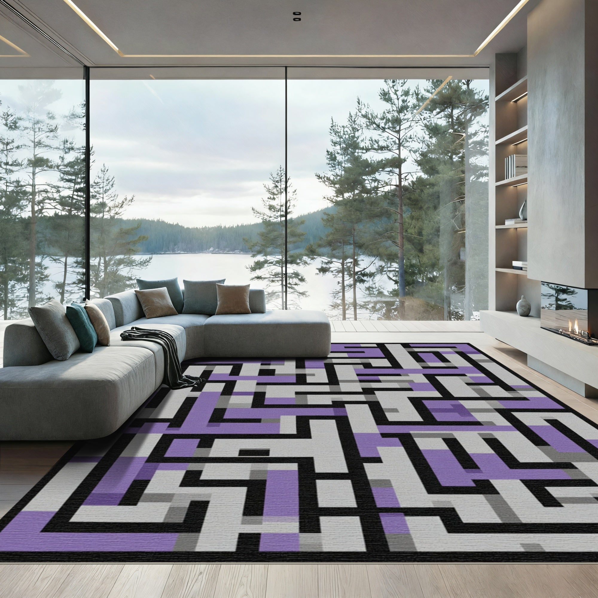 Purple Gray Maze Geometric Rug