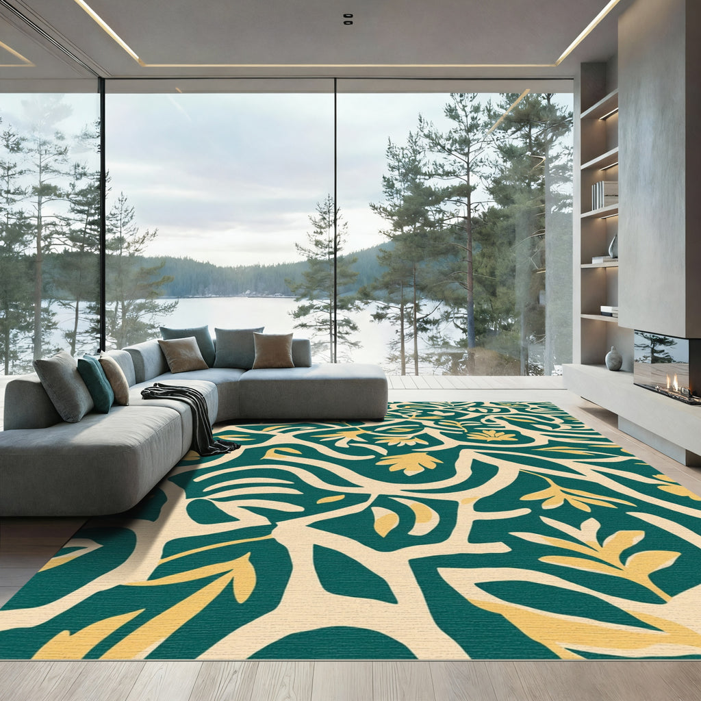 Deep Teal Yellow Botanical Vine Rug