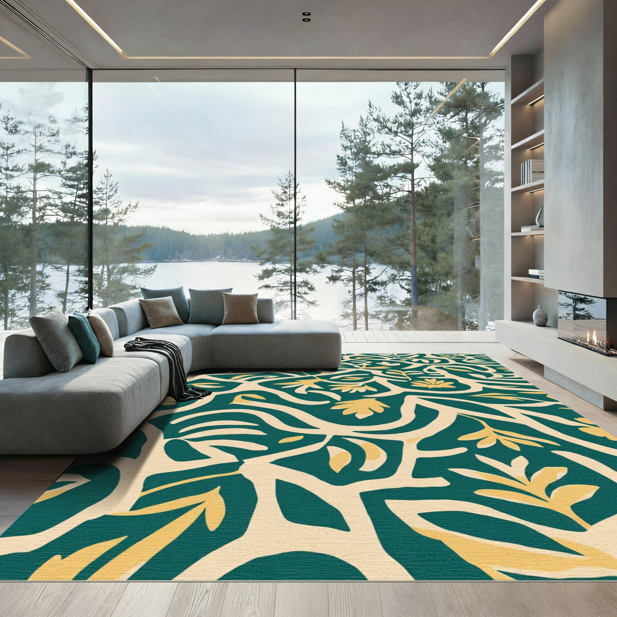 Deep Teal Yellow Botanical Vine Rug