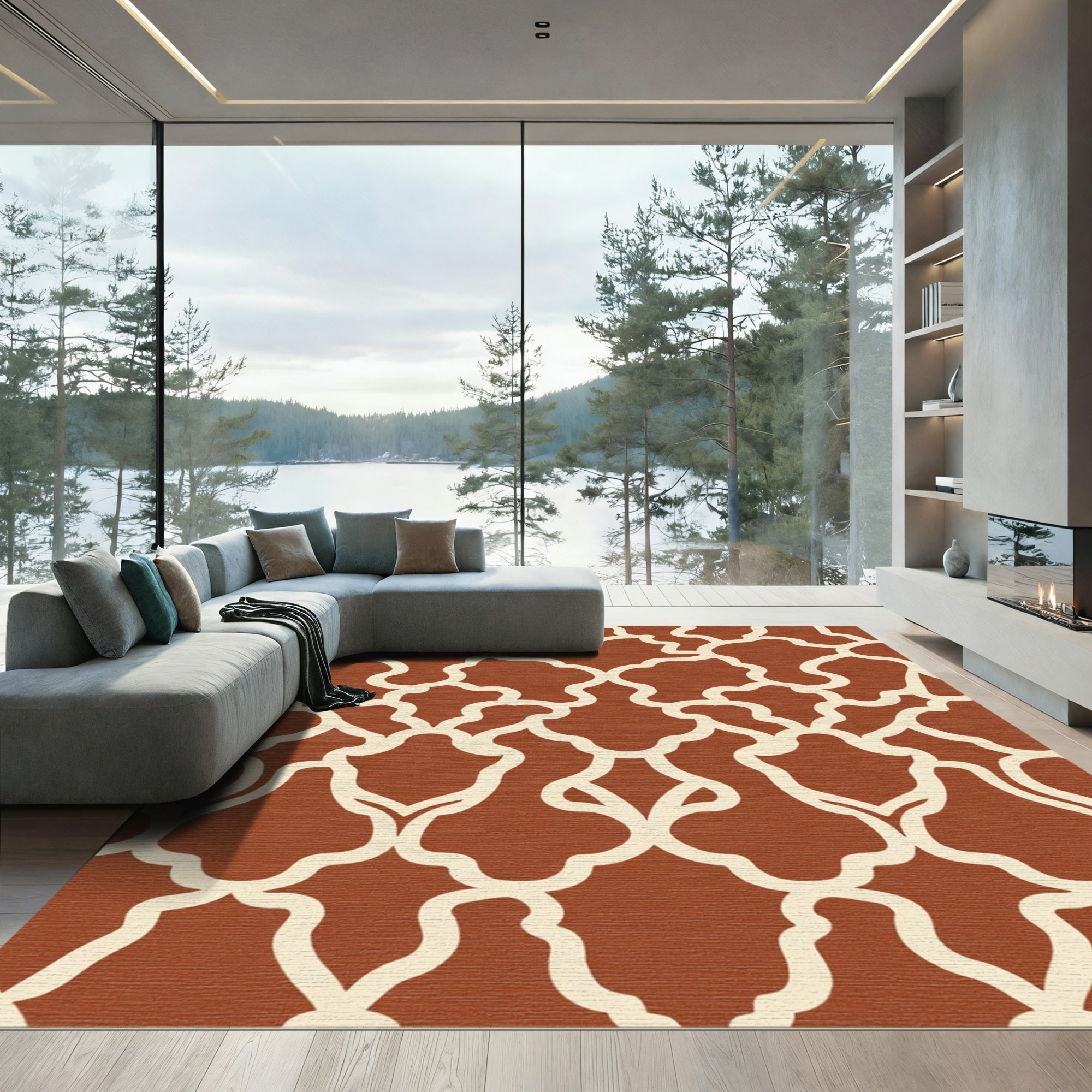 Terracotta Cream Arabesque Scroll Rug