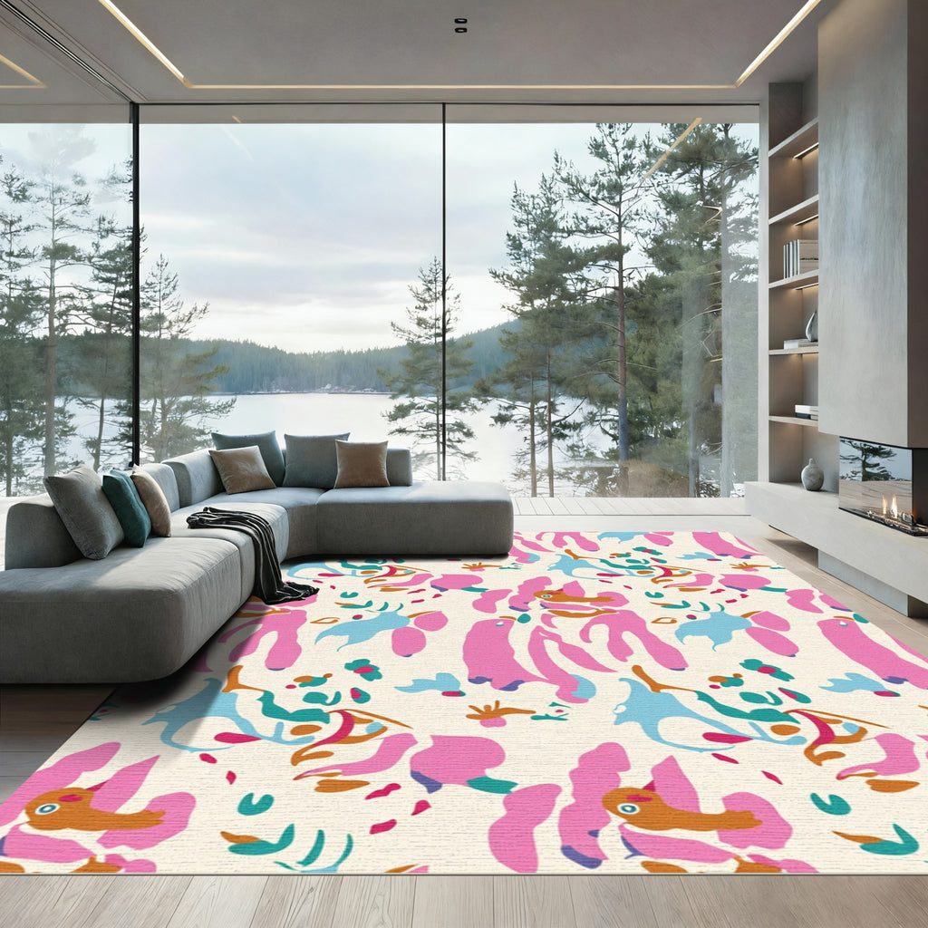 Whimsical Abstract Pink Blue Organic Shapes Rug