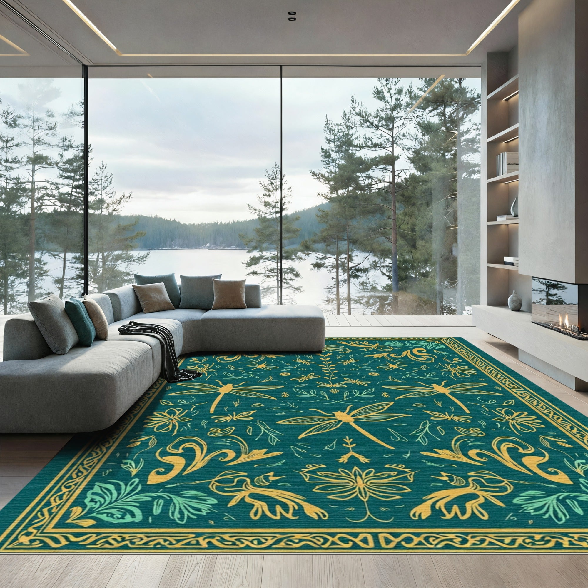 Teal Golden Dragonfly Floral Composition Rug